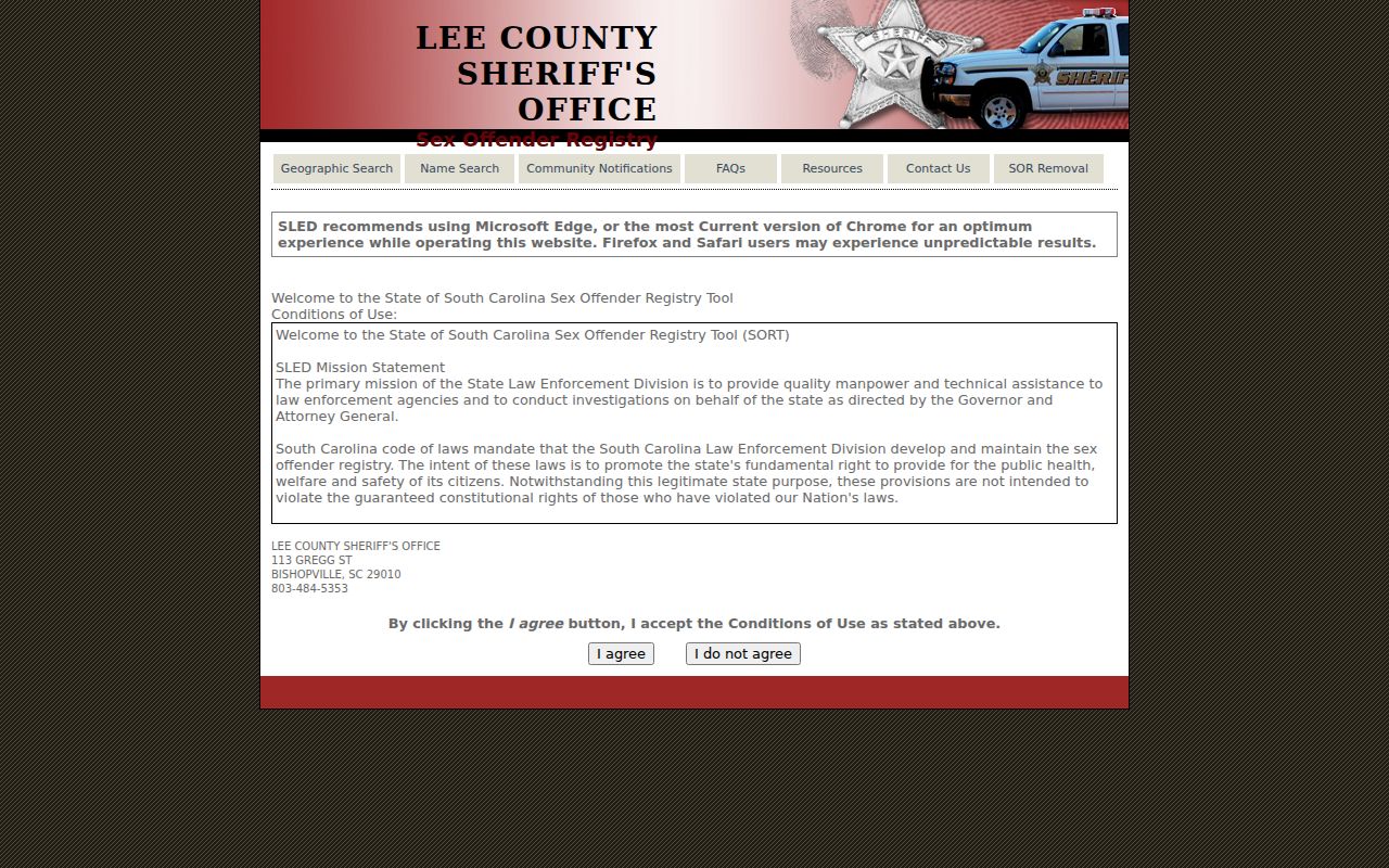 Lee County criminal records sex offender registry conditions
