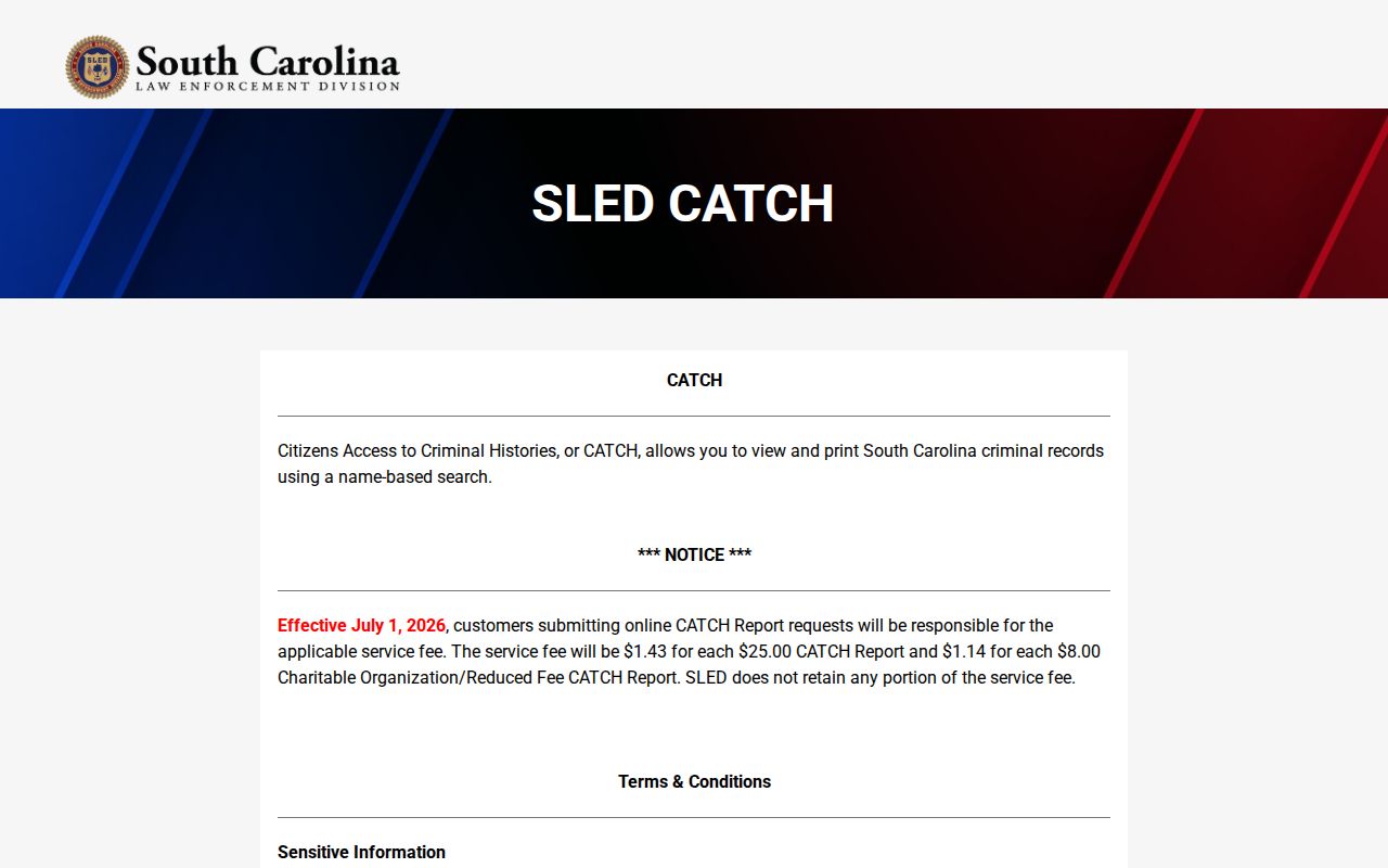 Lee County criminal history search through SLED CATCH